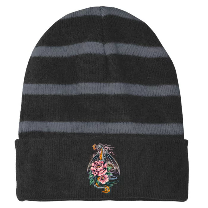 Springtime Floral Fire Dragon Striped Beanie with Solid Band