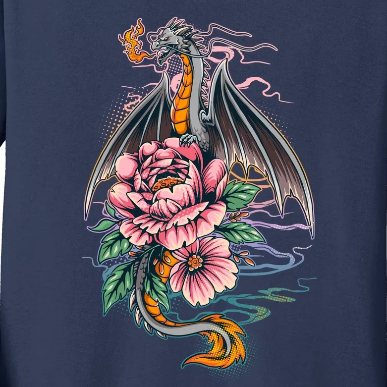 Springtime Floral Fire Dragon Kids Long Sleeve Shirt