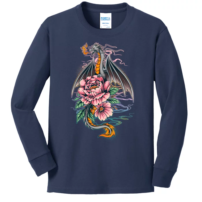 Springtime Floral Fire Dragon Kids Long Sleeve Shirt