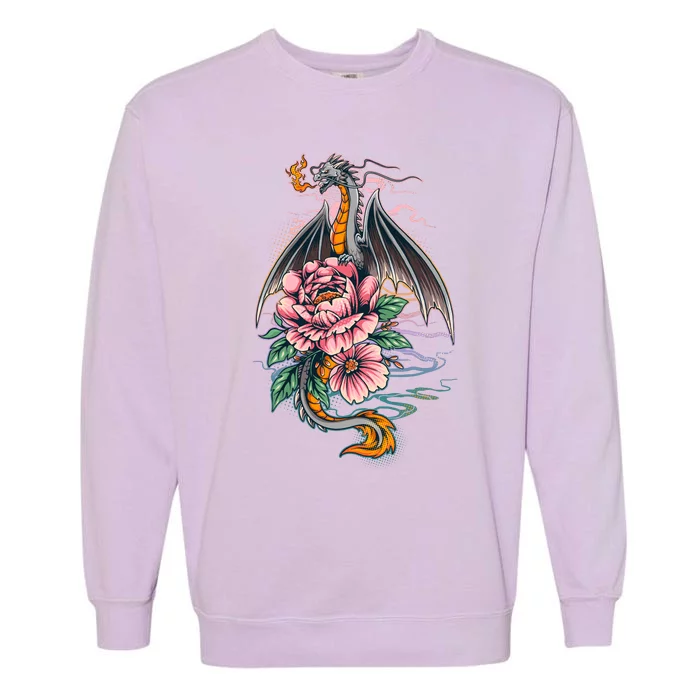 Springtime Floral Fire Dragon Garment-Dyed Sweatshirt