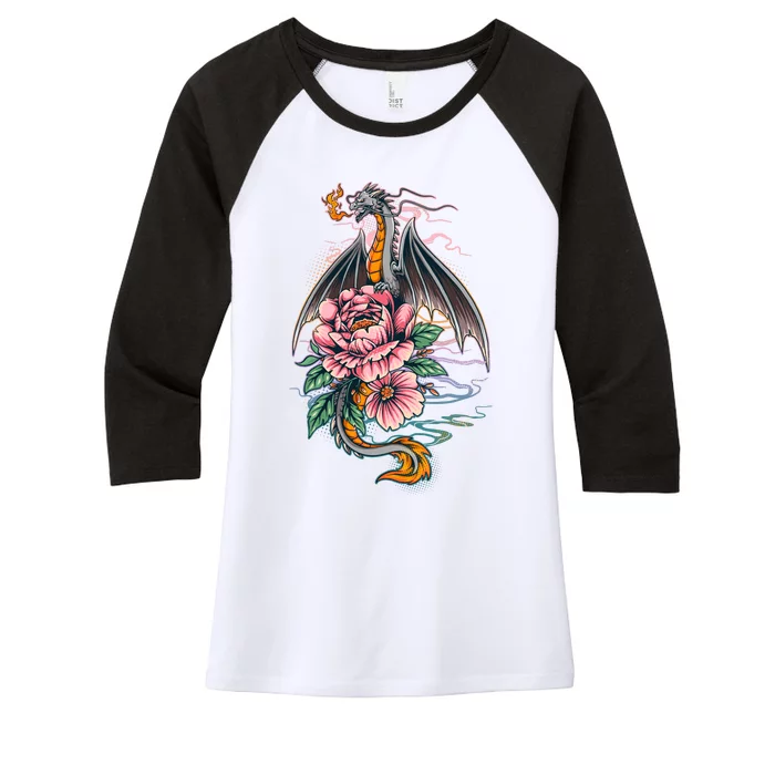 Springtime Floral Fire Dragon Women's Tri-Blend 3/4-Sleeve Raglan Shirt