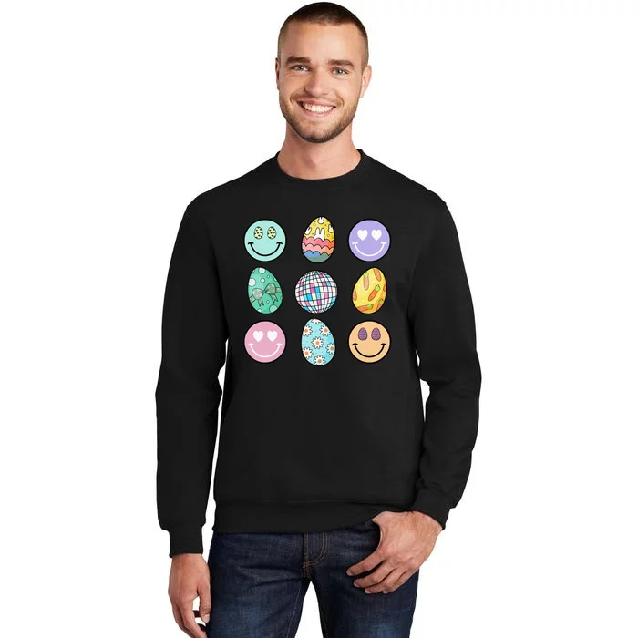 Smile Face Floral Easter Eggs Groovy Disco Happy Easter Day Sweatshirt