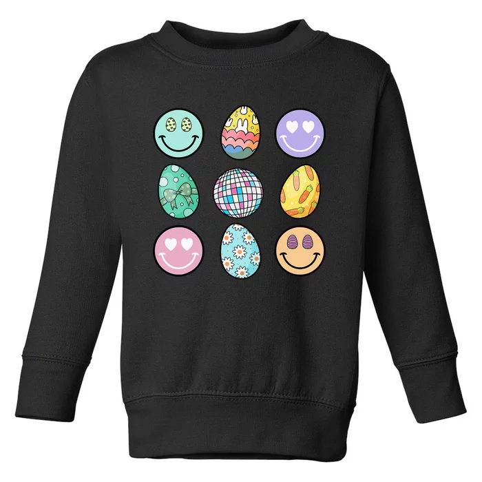 Smile Face Floral Easter Eggs Groovy Disco Happy Easter Day Toddler Sweatshirt