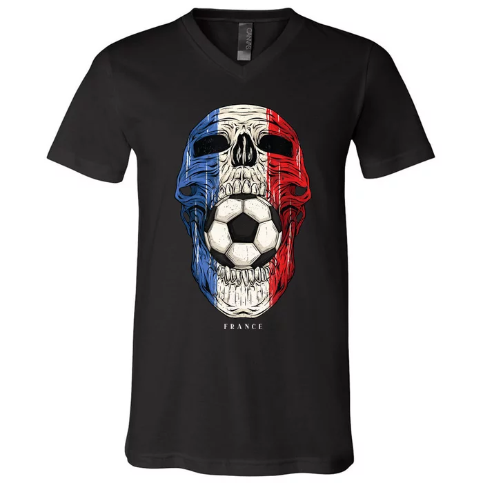 Skull France Football Soccer Jersey French Flag V-Neck T-Shirt