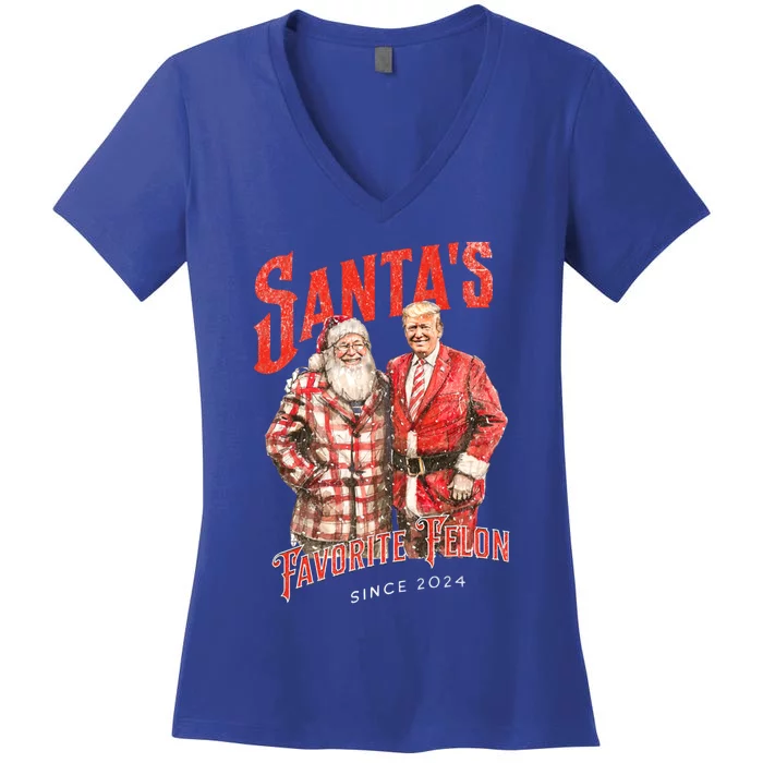 SantaS Favorite Felon Since 2024 Christmas Xmas Funny Trump Gift Women's V-Neck T-Shirt