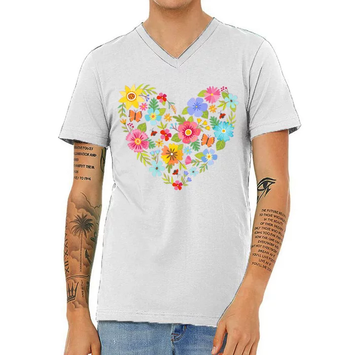 Springtime Flowers Floral Heart V-Neck T-Shirt