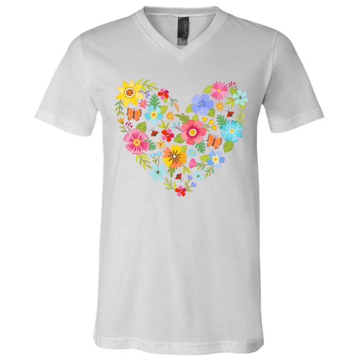 Springtime Flowers Floral Heart V-Neck T-Shirt