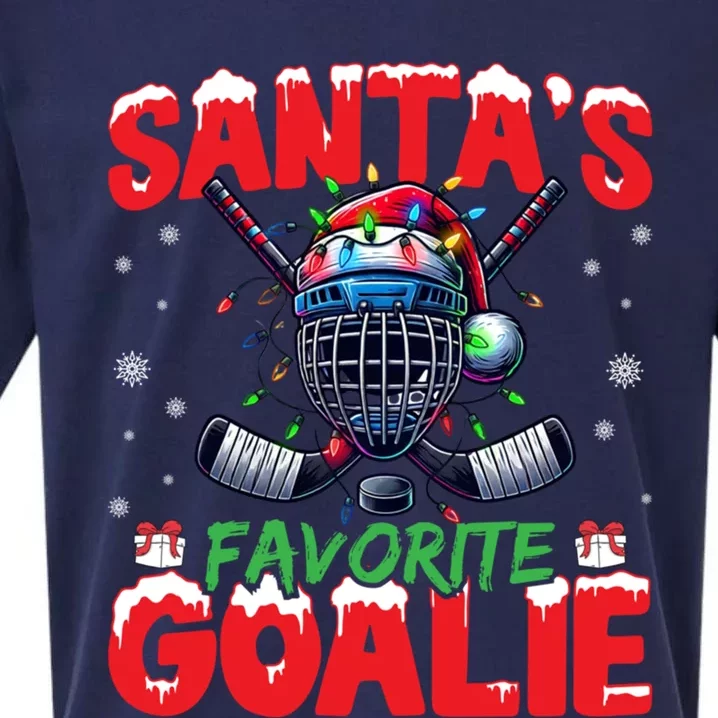 Santa’S Favorite Goalie Christmas Hockey Santa Hat Funny Gift Sueded Cloud Jersey T-Shirt