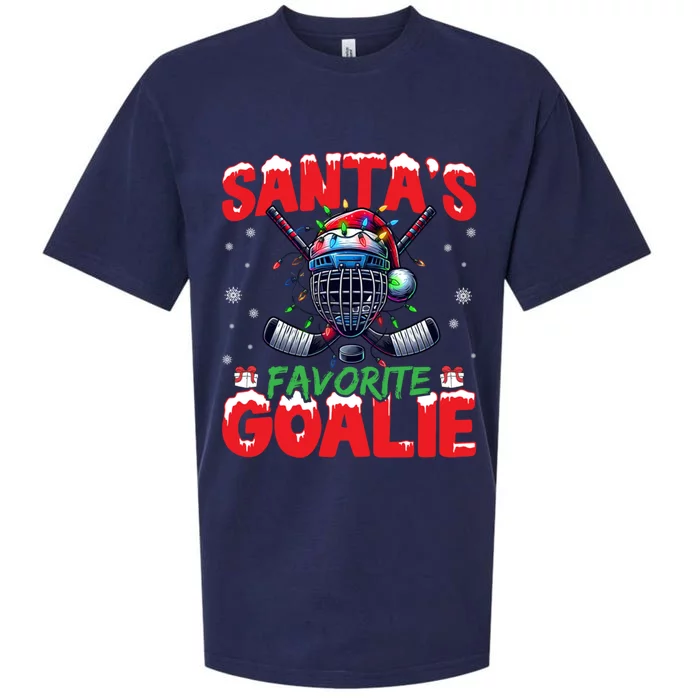 Santa’S Favorite Goalie Christmas Hockey Santa Hat Funny Gift Sueded Cloud Jersey T-Shirt