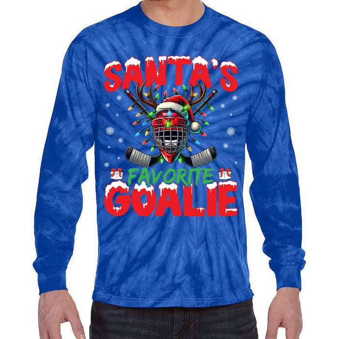 Santa’S Favorite Goalie Christmas Hockey Santa Hat Funny Gift Tie-Dye Long Sleeve Shirt