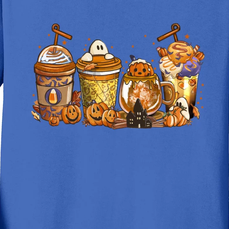 Scary Fall Halloween Horror Iced Coffee Pumpkin Spice Autumn Funny Gift Kids Long Sleeve Shirt