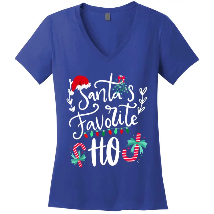 Santas Favorite Ho Funny Christmas Santa Hat Xmas Pajamas Cute Gift Women's V-Neck T-Shirt