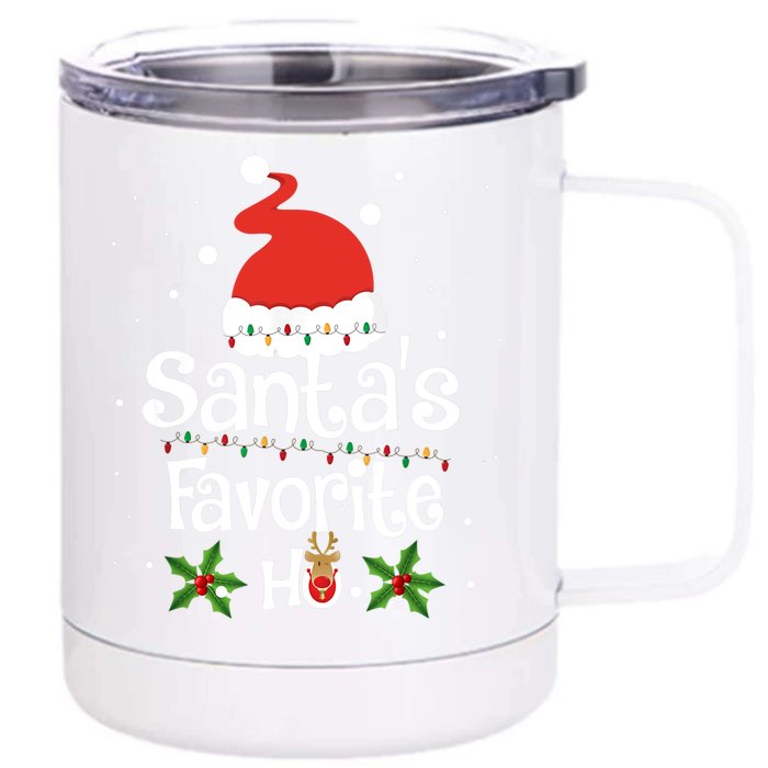 SANTA'S FAVORITE HO Xmas Christmas Santa Hat Lights Gifts Front & Back 12oz Stainless Steel Tumbler Cup