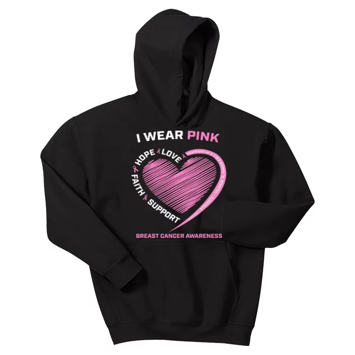 Support Faith Hope Cure I Wear Pink Breast Cancer Awareness Kids Hoodie