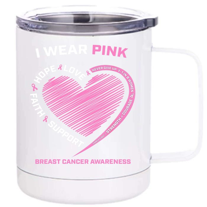 Support Faith Hope Cure I Wear Pink Breast Cancer Awareness Front & Back 12oz Stainless Steel Tumbler Cup