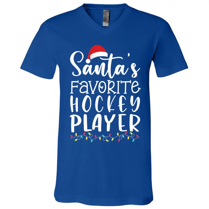 Santas Favorite Hockey Player Ugly Sweater Christmas Funny Gift V-Neck T-Shirt