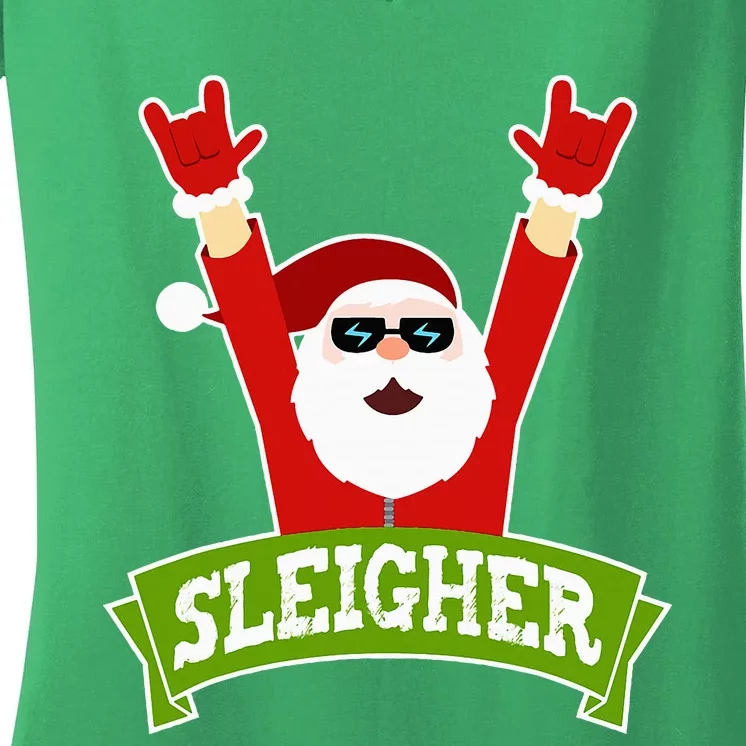 Sleigher Funny Heavy Metal Music Santa Christmas Women's V-Neck T-Shirt