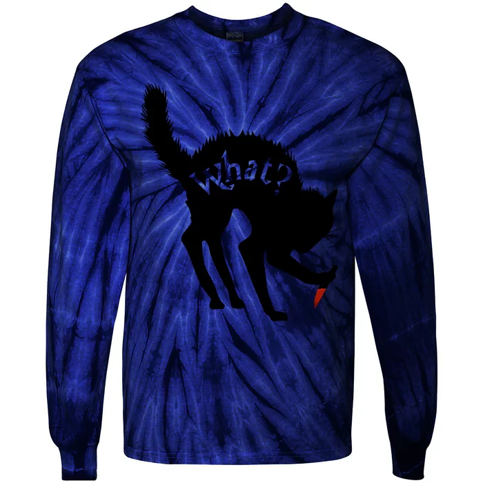 Scary Funny Halloween Black Cat With Knife What? Funny Gift Tie-Dye Long Sleeve Shirt