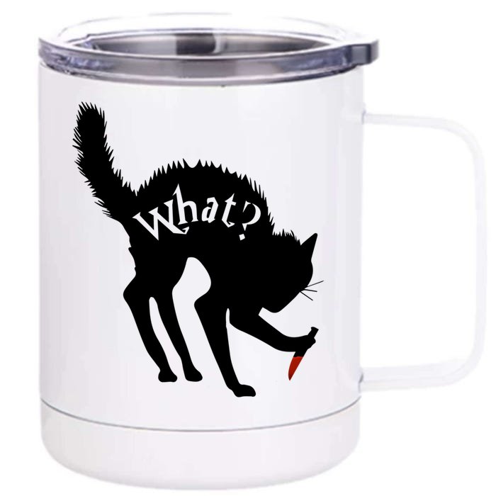 Scary Funny Halloween Black Cat With Knife What? Funny Gift Front & Back 12oz Stainless Steel Tumbler Cup