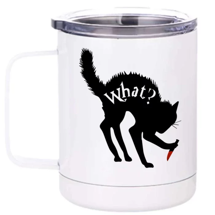 Scary Funny Halloween Black Cat With Knife What? Funny Gift Front & Back 12oz Stainless Steel Tumbler Cup