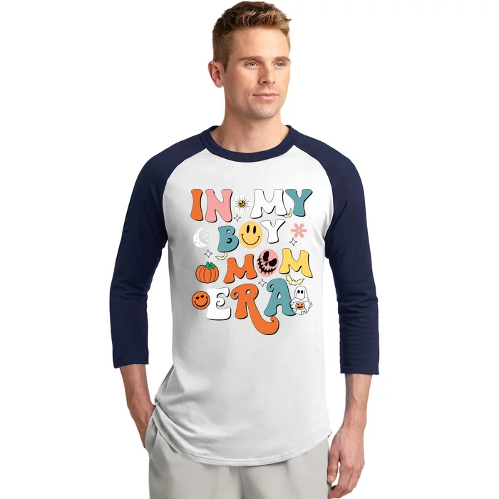 Smile Face In My Boy Mom Era Groovy Halloween Mom Of Boy Baseball Sleeve Shirt