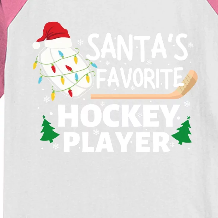 SantaS Favorite Ice Hockey Player Funny Hockey Christmas Meaningful Gift Kids Colorblock Raglan Jersey