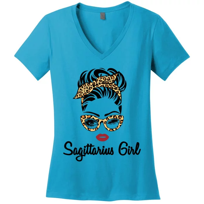 Sagittarius Face Leopard Bandana Wink Eye Gift Women's V-Neck T-Shirt