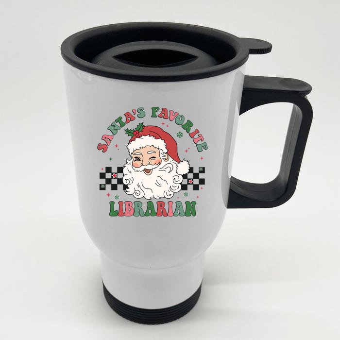 SantaS Favorite Librarian Retro Groovy Santa Face Christmas Cute Gift Front & Back Stainless Steel Travel Mug