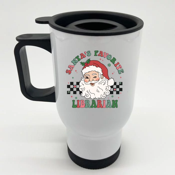 SantaS Favorite Librarian Retro Groovy Santa Face Christmas Cute Gift Front & Back Stainless Steel Travel Mug