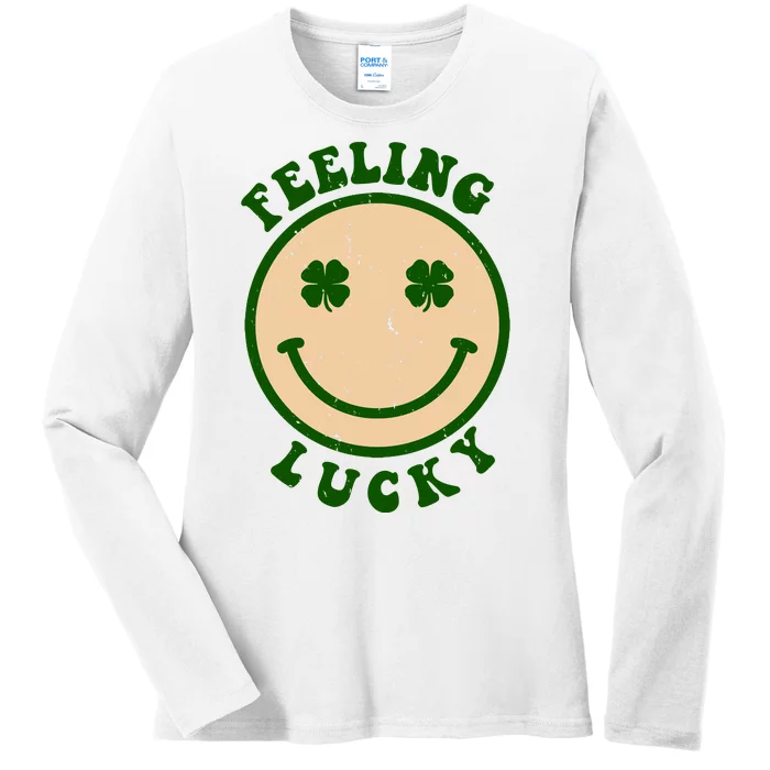 Shamrock Feeling Lucky Retro Smiley Ladies Long Sleeve Shirt