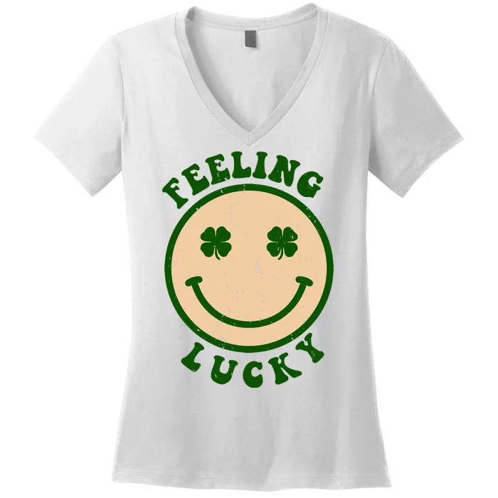 Shamrock Feeling Lucky Retro Smiley Women's V-Neck T-Shirt