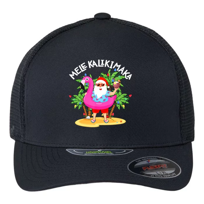 Santa Flamingo Mele Kalikimaka Tropical Christmas Hawaiian Flexfit Unipanel Trucker Cap