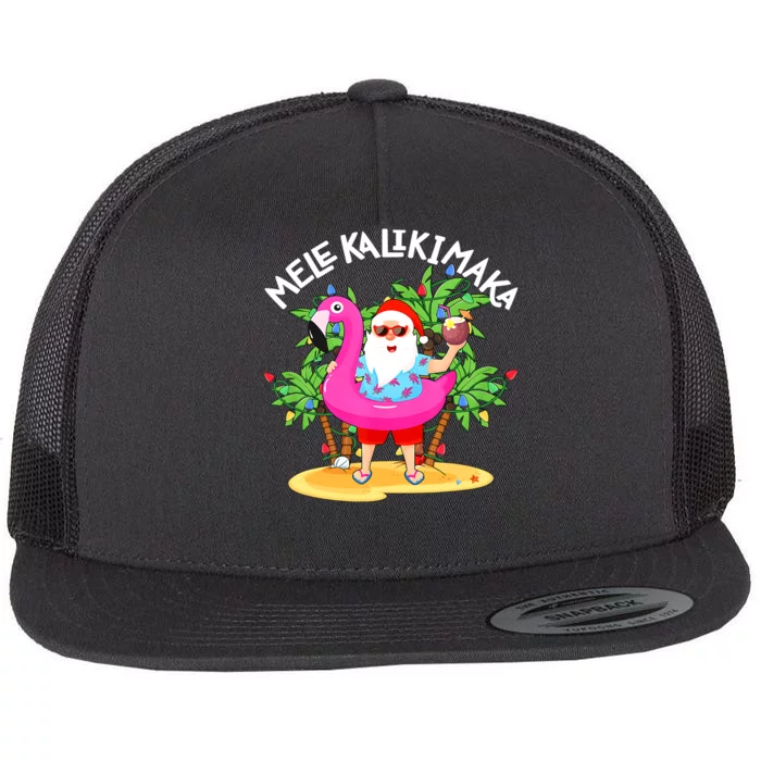 Santa Flamingo Mele Kalikimaka Tropical Christmas Hawaiian Flat Bill Trucker Hat