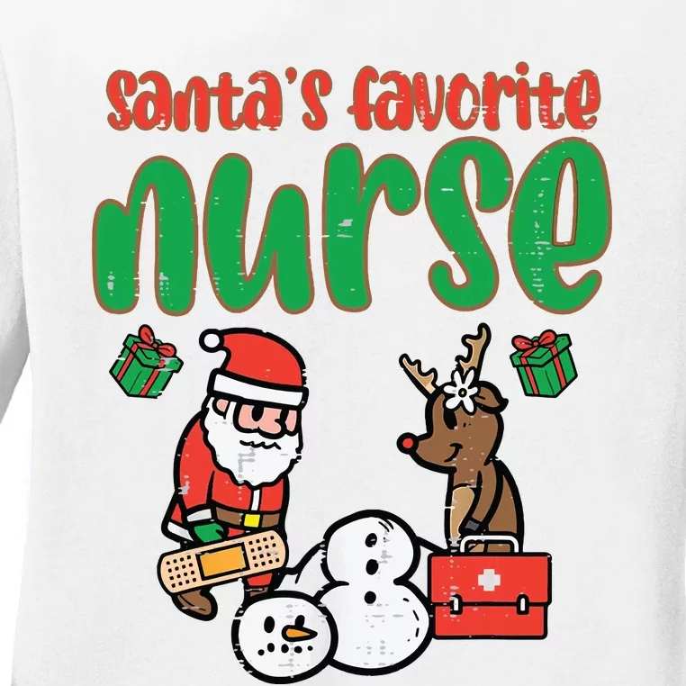 Santas Favorite Nurse Christmas Xmas Nursing Scrub Top Women Ladies Long Sleeve Shirt