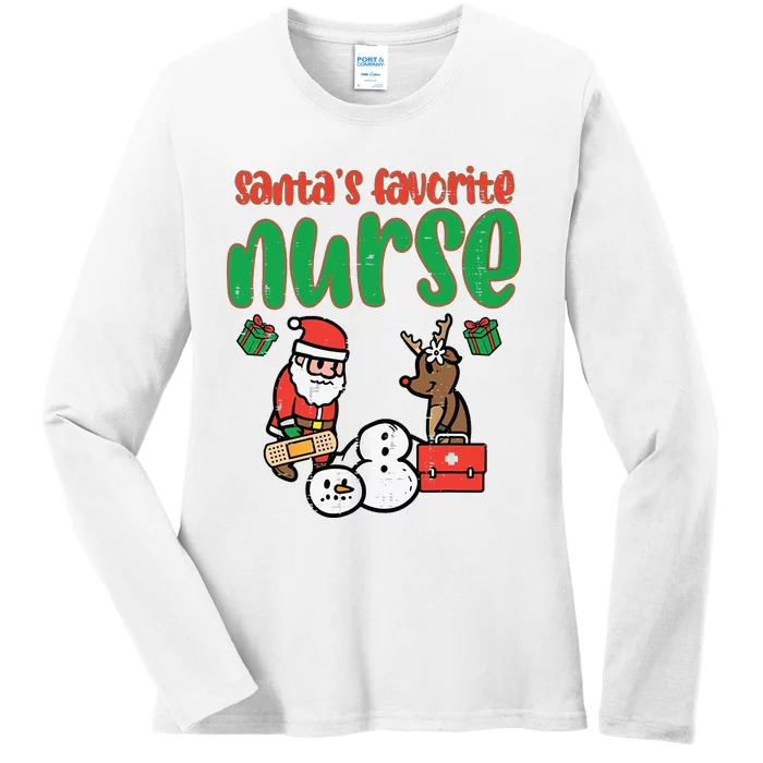 Santas Favorite Nurse Christmas Xmas Nursing Scrub Top Women Ladies Long Sleeve Shirt