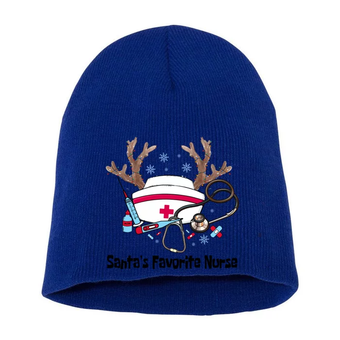 SantaS Favorite Nurse Life Christmas Reindeer Xmas Scrub Gift Short Acrylic Beanie