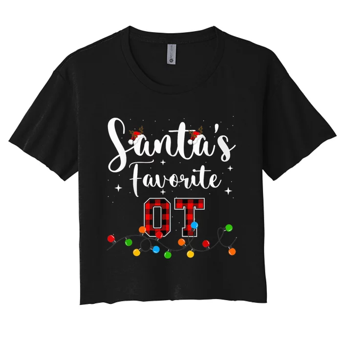 Santa's Favorite OT Christmas Lights Buffalo Plaid Red Women's Crop Top Tee