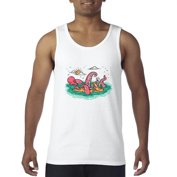 Surfing Funny Octopus Attacks Surfers Skeleton Holiday Gift Tank Top