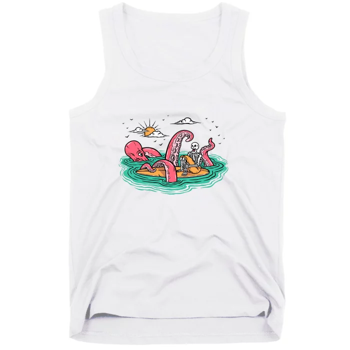 Surfing Funny Octopus Attacks Surfers Skeleton Holiday Gift Tank Top