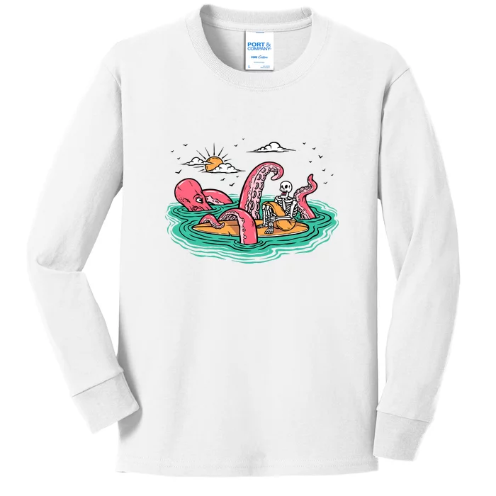 Surfing Funny Octopus Attacks Surfers Skeleton Holiday Gift Kids Long Sleeve Shirt