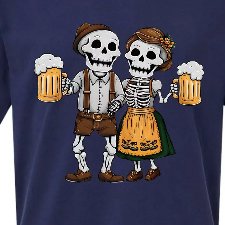 Spooky Funny Oktoberfest Skeleton Drinking Couple Halloween Sueded Cloud Jersey T-Shirt