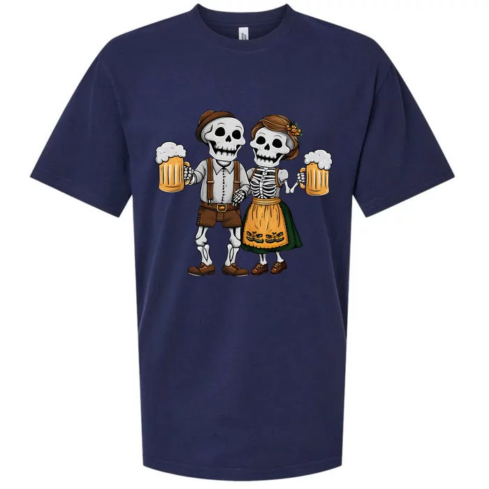 Spooky Funny Oktoberfest Skeleton Drinking Couple Halloween Sueded Cloud Jersey T-Shirt