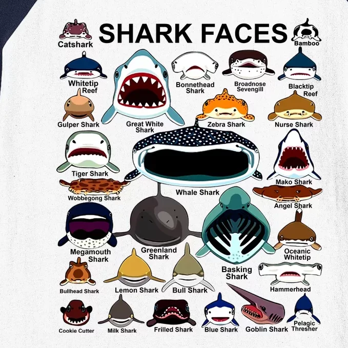 Shark Faces Of All Kinds Baseball Sleeve Shirt