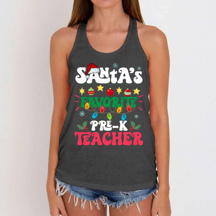 SantaS Favorite Prek Teacher Santa Hat Light Christmas Women's Knotted Racerback Tank