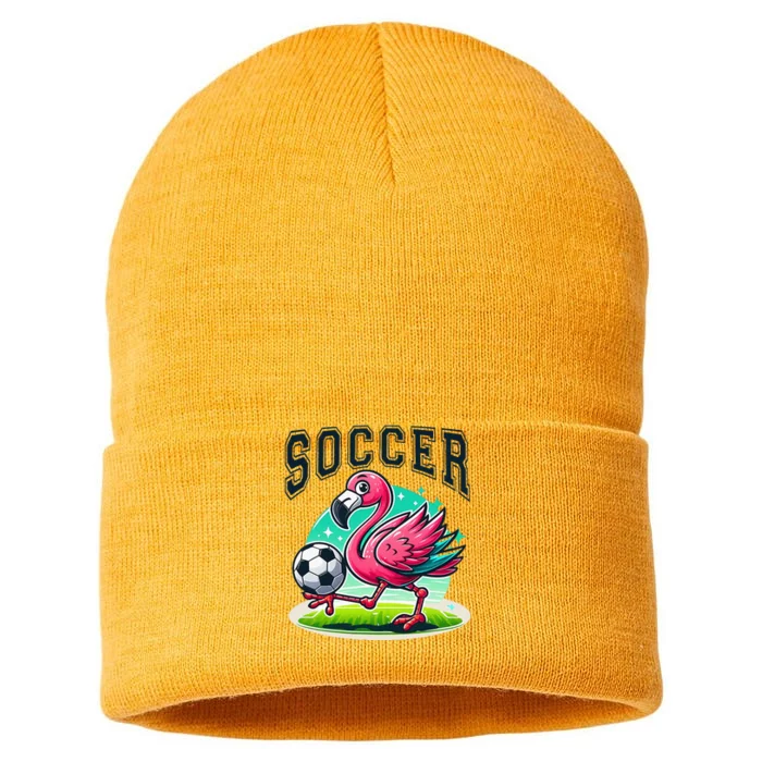 Soccer Flamingo Playing Soccer Sustainable Knit Beanie