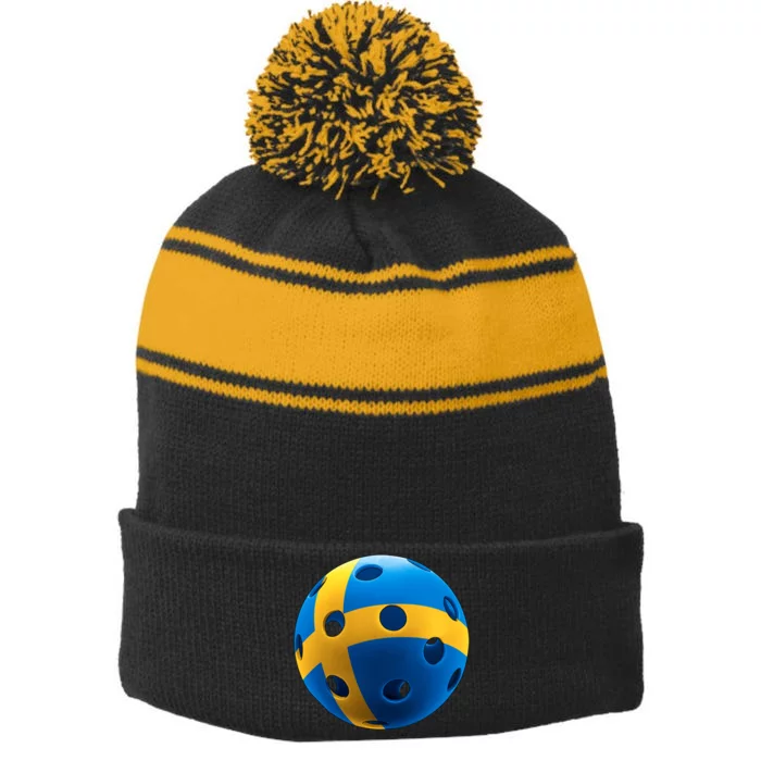 Swedish Flag Pickleball Stripe Pom Pom Beanie