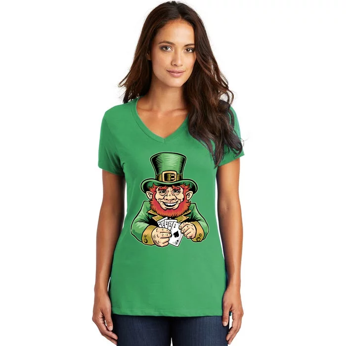 Straight Flush Poker Leprechaun Women's V-Neck T-Shirt