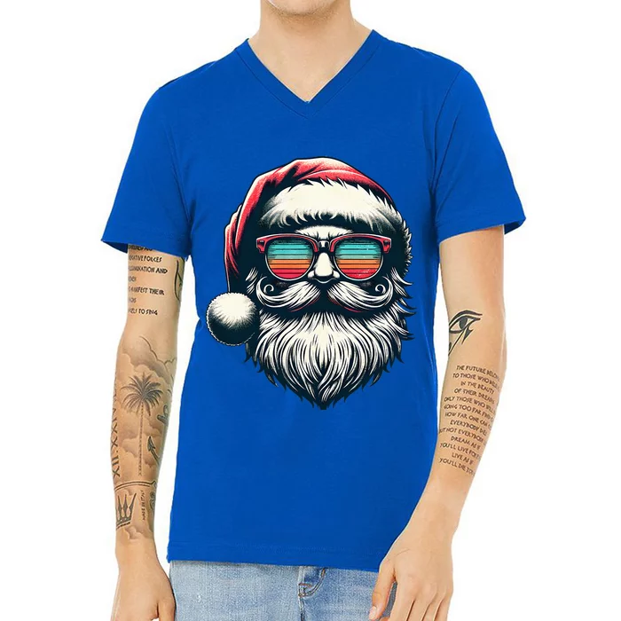 Santa Face Retro Sunglasses Christmas Xmas V-Neck T-Shirt