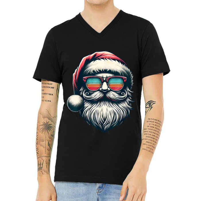 Santa Face Retro Sunglasses Christmas Xmas Women Kids V-Neck T-Shirt