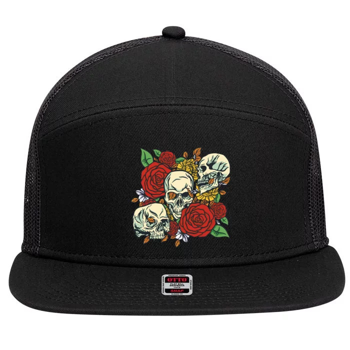 Skull Floral Rose 7 Panel Mesh Trucker Snapback Hat